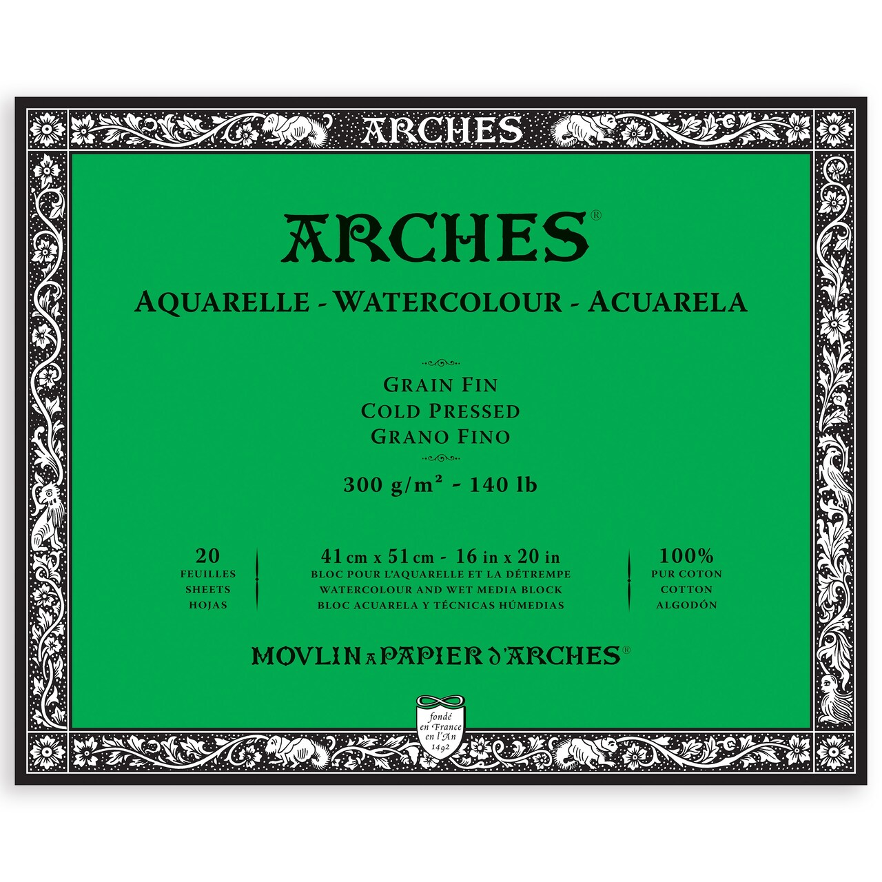 Arches Aquarelle Cold Pressed Watercolor Block 16"X20"- 140lb, 20 Sheets